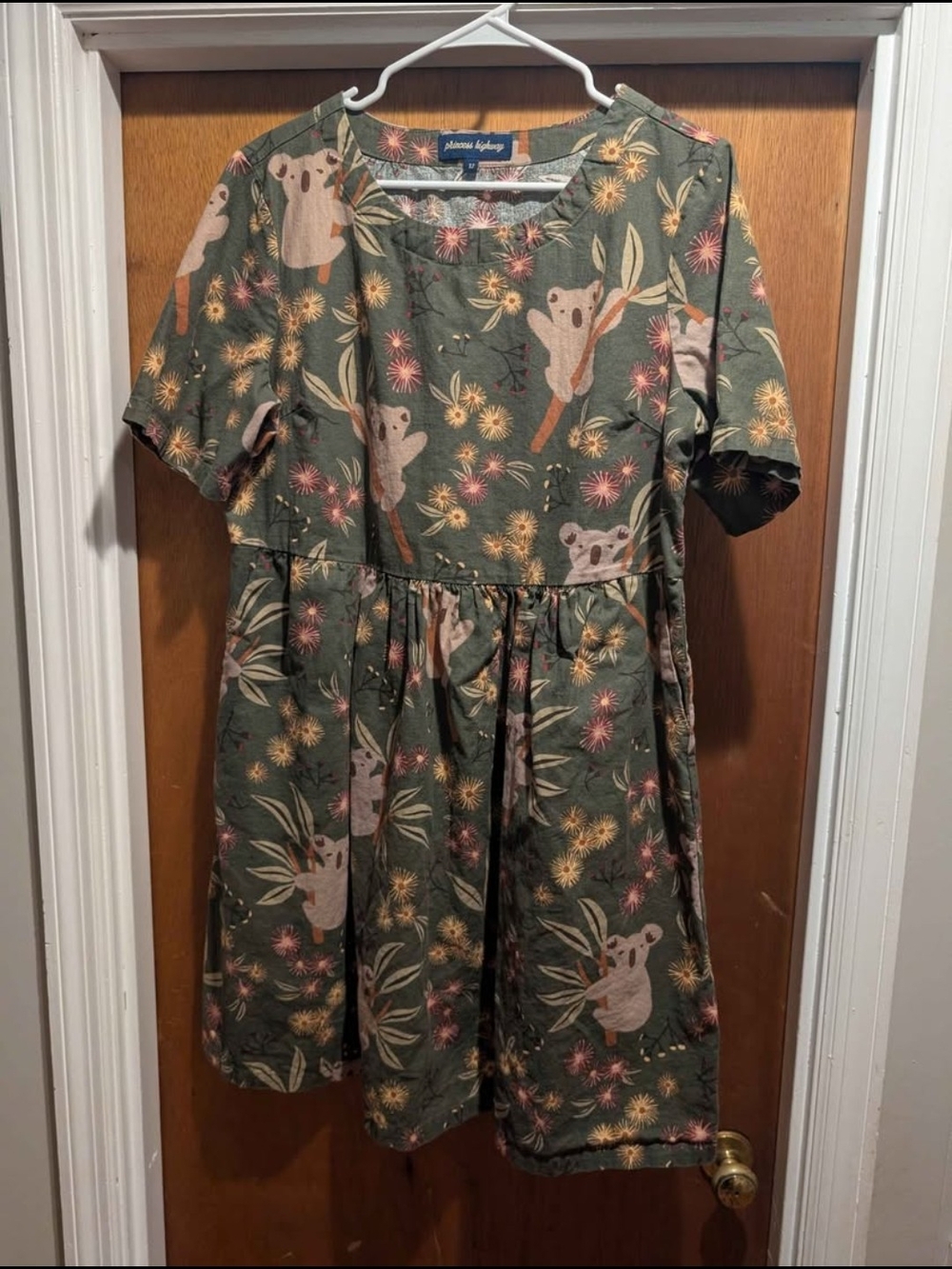 Princess Highway Olive Green Koala Floral Print Linen Dress Short Sleeve Sz 12